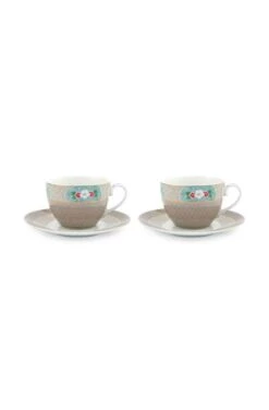 Pip Studio 2er-set: Geschirr "Cups & Saucers Blushing Birds" In Kaki - 280 Ml