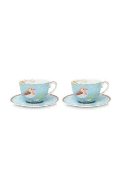 Pip Studio 2er-set: Geschirr "Cups & Saucers Early Bird" In Blau - 280 Ml