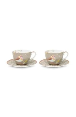 Pip Studio 2er-set: Geschirr "Cups & Saucers Early Bird" In Kaki - 280 Ml