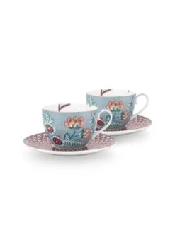Pip Studio 2er-set: Geschirr "Cups & Saucers Flower Festival" In Blau - 280 Ml