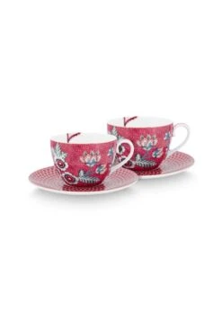 Pip Studio 2er-set: Geschirr "Cups & Saucers Flower Festival" In Rosa - 280 Ml
