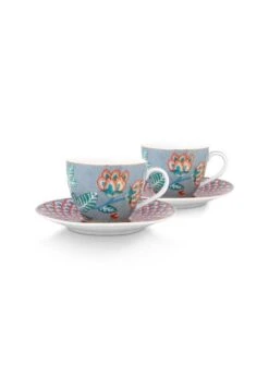 Pip Studio 2er-set: Geschirr "Espresso Cups & Saucers Flower Festival" In Blau - 120 Ml