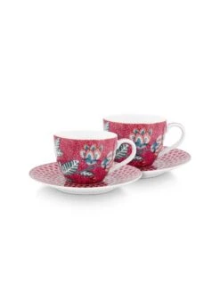 Pip Studio 2er-set: Geschirr "Espresso Cups & Saucers Flower Festival" In Rosa - 120 Ml