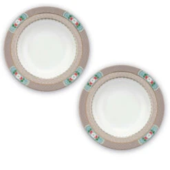 Pip Studio 2er-set: Geschirr "Set/2 Deep Plates Blushing Birds" In Khaki - 21,5cm