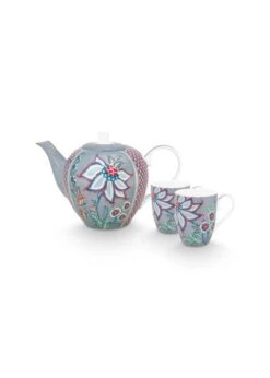 Pip Studio 3tlg: Teegeschirr "Tea Set Flower Festival " In Blau
