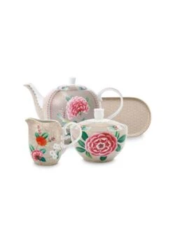 Pip Studio 4tlg: Teegeschirr "Tea Set Blushing Birds" In Kaki