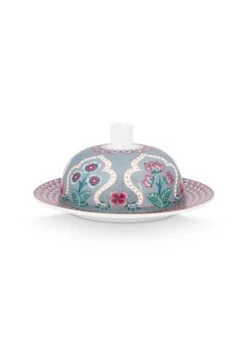 Pip Studio Geschirr "Butter Dish Round Flower Festival Deco" In Blau - (L) 17 X (B) 8 Cm