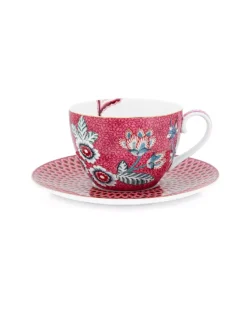 PIP STUDIO, Cappuccinotasse Mit Untertasse 280ml Flower Festival Dark Pink